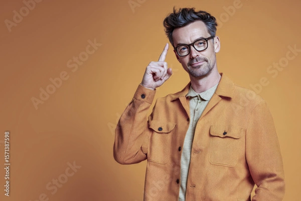 Fototapeta Creative man having an idea pointing at his temple wearing glasses and an orange jacket