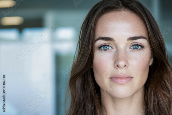 Fototapeta Confident businesswoman posing in office setting with focused expression
