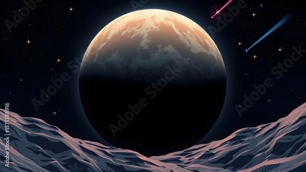 Fototapeta Space background with place for text. Surface of the planet with craters. Space decoration for your design. Stars and comets on dark background.