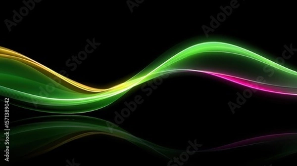 Obraz Smooth glowing neon lines in green, yellow, and pink forming wave shapes over a dark background with reflections