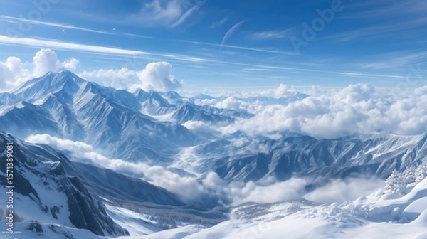 Obraz High view of snowy mountain range with clouds and clear blue sky, showing a peaceful winter landscape