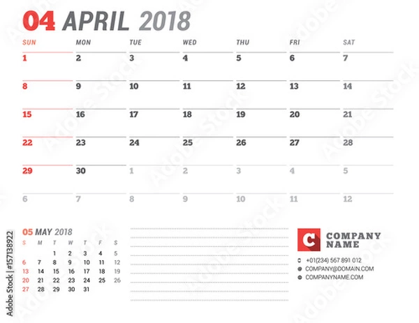 Fototapeta Calendar Template for 2018 Year. April. Business Planner Template. Stationery Design. Week starts on Sunday. 2 Months on the Page. Vector Illustration