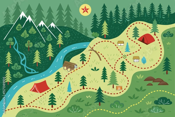 Obraz Vector map illustration detailing a camping area, marked (1). Depicts tents, trees, paths, fire pit, wildlife, lake, sun, stars.