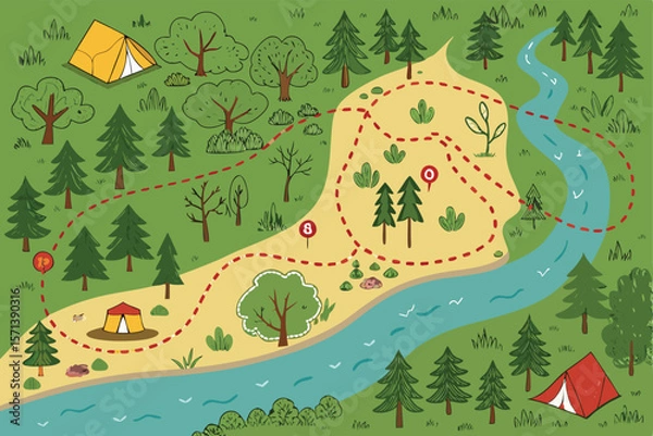 Obraz Vector map illustration of camping area, trails, tents, fire pits, trees, lake, mountains, hiking, nature, wilderness.