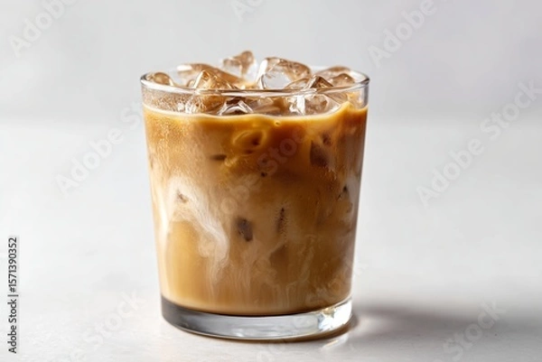 Fototapeta Iced mushroom adaptogen latte in a clear glass with ice on a clean white background showcasing refreshing beverage options for health enthusiasts