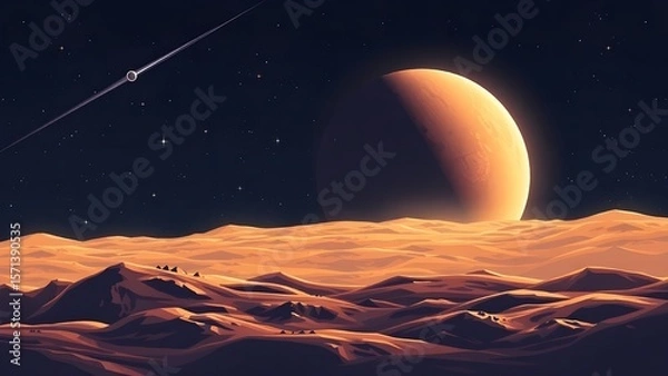 Fototapeta Space background with place for text. Surface of the planet with craters. Space decoration for your design. Stars and comets on dark background.