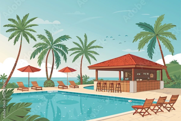 Obraz Vector illustration of a luxury swimming pool nestled in a tropical resort.