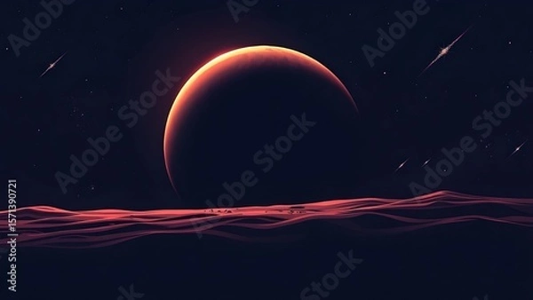 Fototapeta Space background with place for text. Surface of the planet with craters. Space decoration for your design. Stars and comets on dark background.