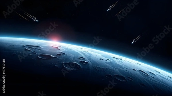Fototapeta Space background with place for text. Surface of the planet with craters. Space decoration for your design. Stars and comets on dark background.