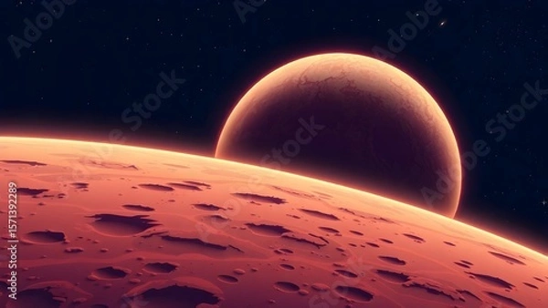 Fototapeta Space background with place for text. Surface of the planet with craters. Space decoration for your design. Stars and comets on dark background.