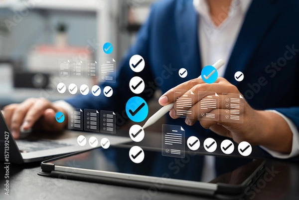Obraz Businessman use digital platforms with virtual checklist tools to manage tasks, track progress, Improve operational quality. Smart workflow management ,Organize, Complete work efficiently.