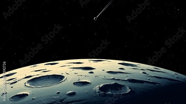 Fototapeta Space background with place for text. Surface of the planet with craters. Space decoration for your design. Stars and comets on dark background.