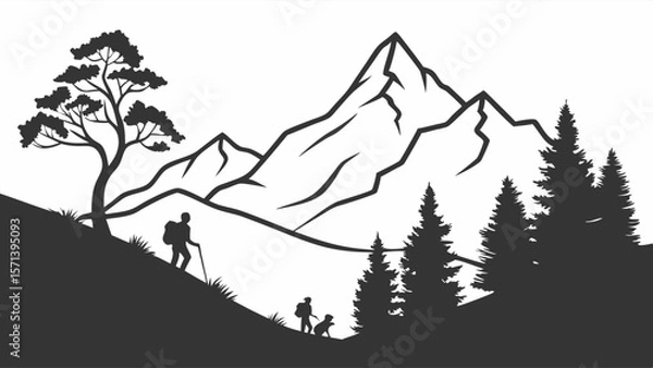 Fototapeta Silhouette of hikers ascending a mountain path, trees in the foreground.