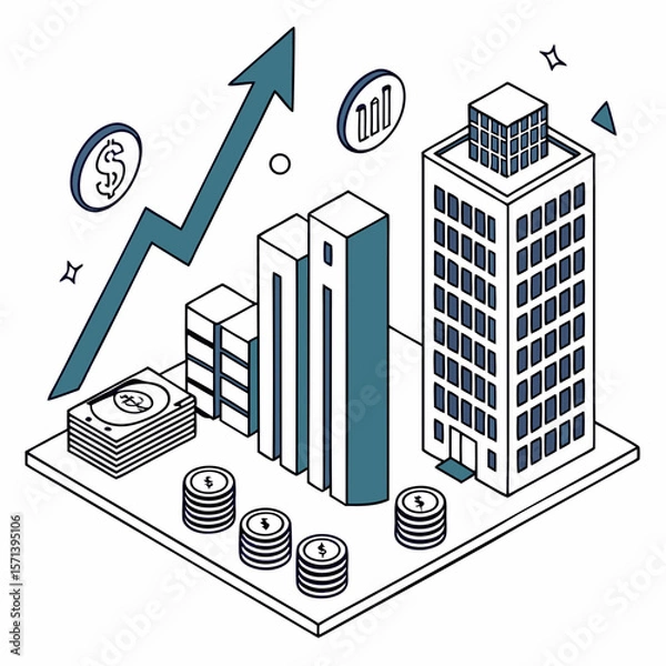 Fototapeta Isometric illustration showing financial growth with rising graph, building, and stacks of money.