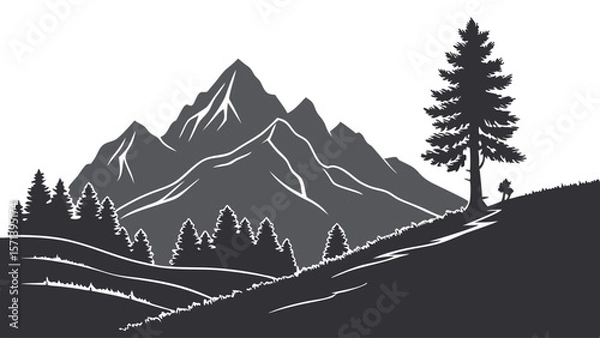 Fototapeta Silhouetted mountain range with trees and a gentle slope, a tranquil landscape scene.