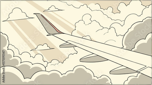 Fototapeta An airplane wing soars through fluffy clouds, bathed in sunlight.