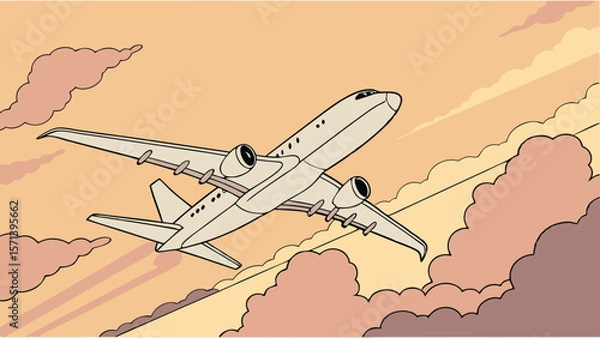 Fototapeta Airplane flying through a cloudy sky with sun rays breaking through.
