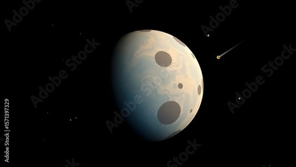 Fototapeta Space background with place for text. Surface of the planet with craters. Space decoration for your design. Stars and comets on dark background.