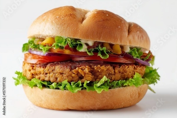 Fototapeta Tempeh burger with fresh vegetables and a bun, served on a clean white background showcasing a delicious plant-based meal