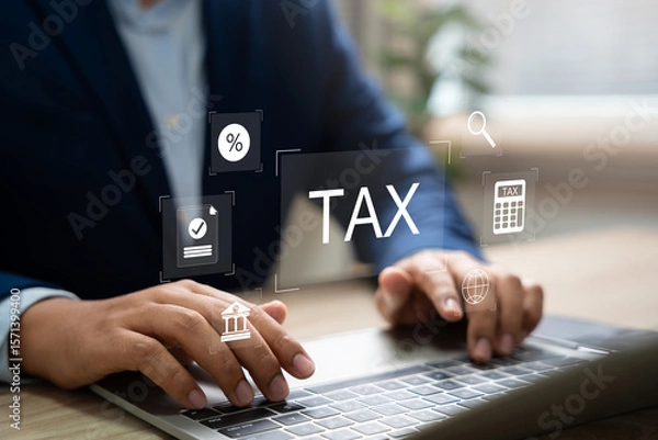 Obraz Tax and Vat concept. Government, state taxes concept. Businesman using calculator and laptop to complete Individual income tax return form online for tax payment. Data analysis, financial research.