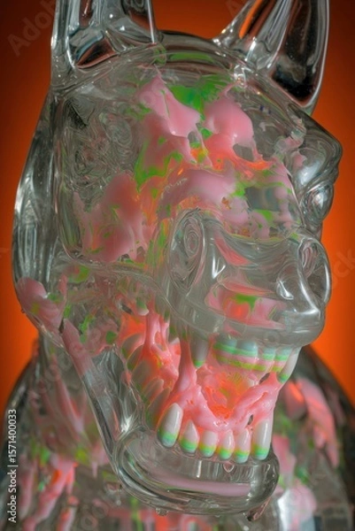 Fototapeta Abstract Glass Skull Sculpture with Colorful Paint Drips and Swirls, Artistic Modern Design