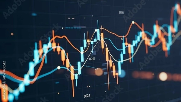Obraz Digital glowing stock market chart with options trend and index data on a dark background, symbolizing economic growth, trading, and financial technology.