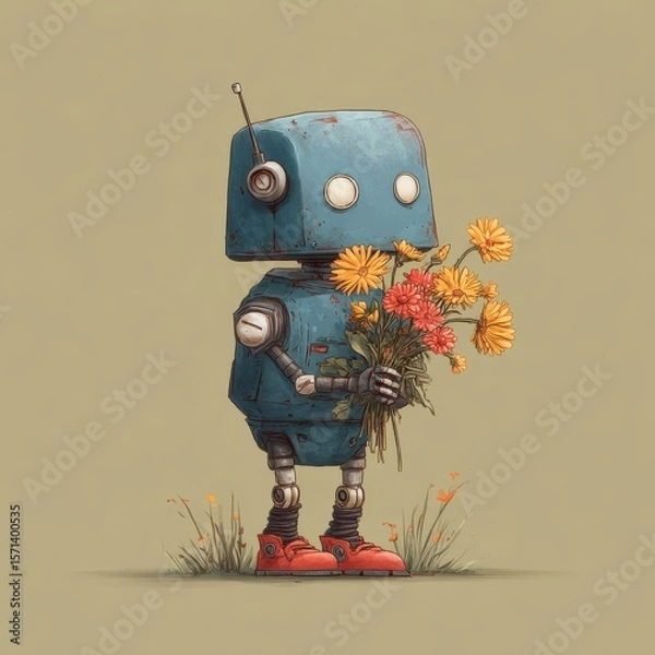 Obraz Vintage Robot Holding a Bouquet of Flowers in a Minimalist Style Artwork