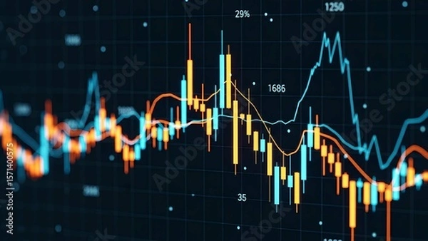 Obraz Digital glowing stock market chart with options trend and index data on a dark background, symbolizing economic growth, trading, and financial technology.