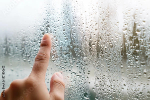 Fototapeta Finger Tracing Fresh Condensation Droplets On Steamy Window Macro Closeup. Foggy Window