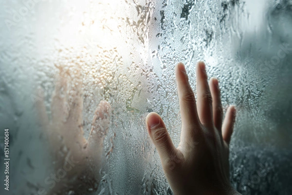Fototapeta Hand Pressing On Dewy Glass Surface With Reflected Silhouette And Sunrise Glow Background. Foggy Window
