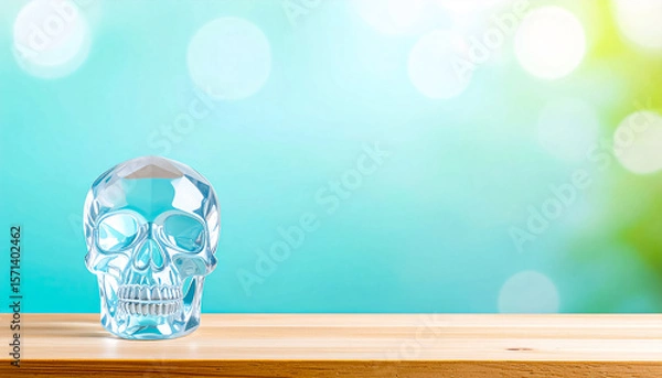 Fototapeta Crystal skull on the table surface, for advertising, with space for text