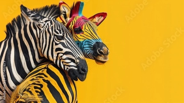 Fototapeta two zebras hugging friend zebra a on yellow background with copy space. concept of conservation wild African animals. welcome to africa cheerful fun banner.