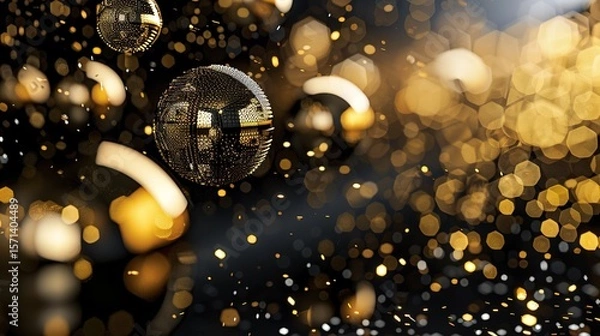 Fototapeta Disco gold ball with rays on black dark background with copy space. Dance party. mirror ball reflections, nightclub stage lights and party. Glowing ball for entertainment, sparkling effect lighting