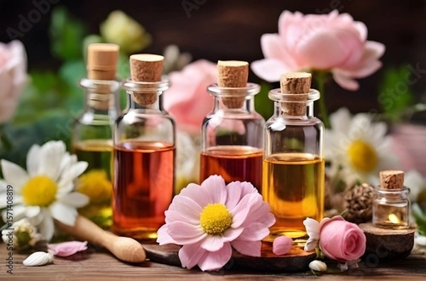 Obraz Aromatherapy. Concept of pure organic essential rose oil. Elixir with plant based floral or herbal ingredients. Pink flowers extract. Spa atmosphere with candle, towel. White background.