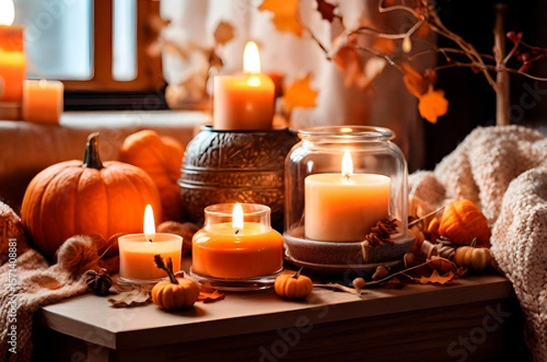 Obraz A warm autumn retreat, where the air is infused with the delightful scent of pumpkin spice and the soft glow of candlelight.