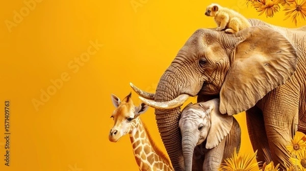 Fototapeta giraffe, elephant, monkey on yellow background with copy space. concept of conservation wild African animals. welcome to africa cheerful fun banner 