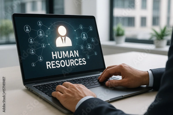 Fototapeta Person using laptop displaying human resources network people icons