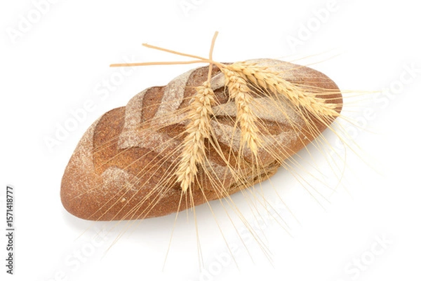 Fototapeta Fresh loaf of bread with wheat ears isolated on white