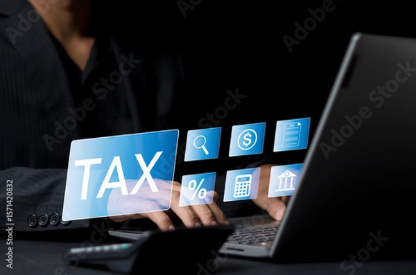 Fototapeta E-Filing, Taxpayer using a laptop to file taxes personal income, Tax Return form online for tax payment. Government, state taxes. Data analysis, paperwork, reports. Calculation tax return.