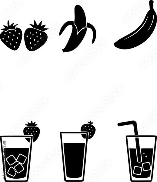Obraz Smoothie ingredients icon set – solid style mixology and beverage symbols for healthy lifestyle: blender, banana, strawberry, ice cubes, glass, juice pour, splash