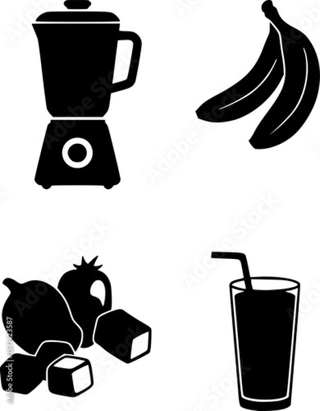 Obraz Smoothie ingredients icon set – solid style mixology and beverage symbols for healthy lifestyle: blender, banana, strawberry, ice cubes, glass, juice pour, splash