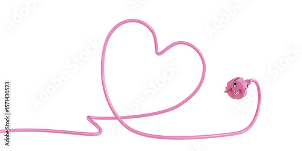 Fototapeta Pink electrical cable shaped like a heart with power plug. Isolated on a transparent background. 3D illustration.