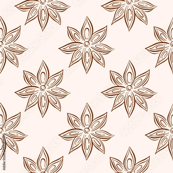 Fototapeta Seamless pattern of star anise in line art style on beige background. Perfect for spice packaging, culinary decor or natural food theme design.