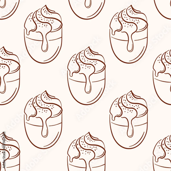 Fototapeta Seamless pattern with creamy dessert in cup drawn in line art style on beige background. Coffee mug wallpaper for bakery, cafe menu, packaging and sweet food design.