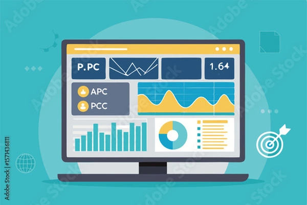 Obraz Vector dashboard displaying paid media campaign metrics, ad impressions, clicks, conversions, and performance data.