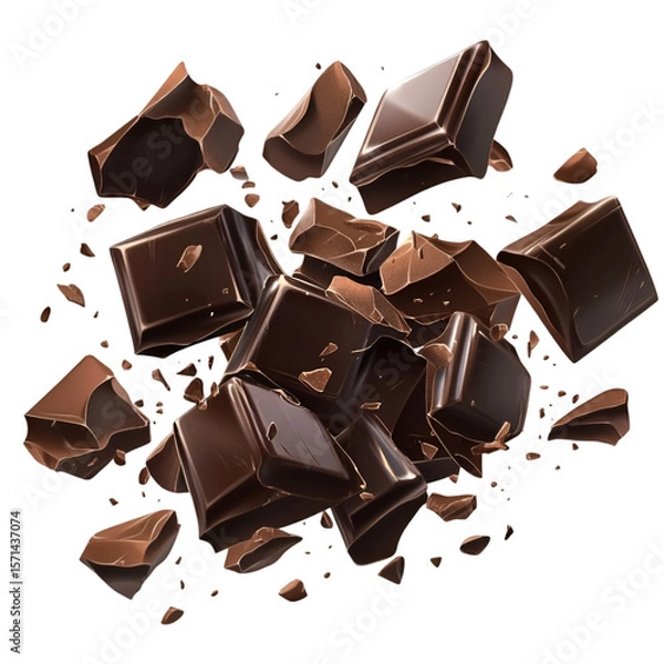 Fototapeta Dark chocolate chunks are scattered on a transparent background, showing sweet dessert or treat ingredients perfect for baking and snacking.
