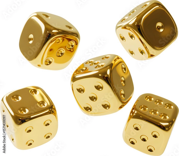 Fototapeta Five golden dice scattered in a dynamic arrangement isolated on transparent background