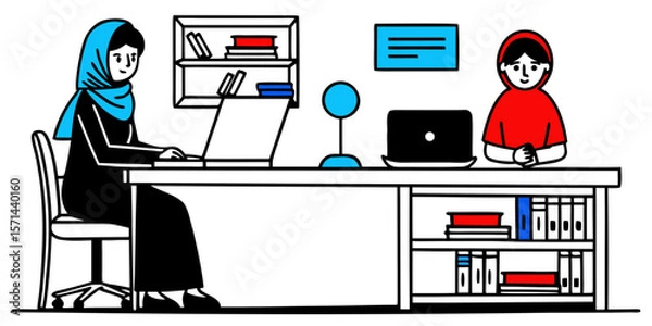 Fototapeta Two Women in Hijabs Working Together at a Desk in an Office