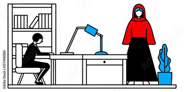 Fototapeta Person working at desk with a woman in a red hooded cloak standing nearby