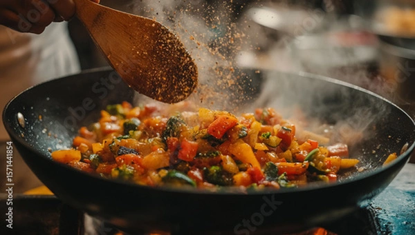 Fototapeta Frying pan full of sizzling salted vegetables, closeup of cooking on stove